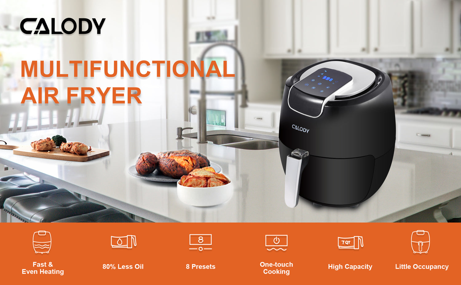 Calody 7 Quart Air Fryer, 8-in-1 Air Fryer Toaster Oven, Electric Hot Oven Oilless Cooker with 8 Presets, Digital Touchscreen with Temperature Control Auto Shutoff, Nonstick Basket, 1800W