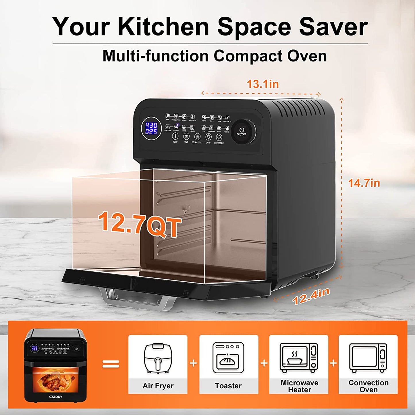 Calody 12.7 QT Air Fryer, 16-in-1 Air Fryer Toaster Oven Combo with Rotisserie and Dehydrator, Visible Window,LED Touch Screen, Free Recipes and Accessories Included