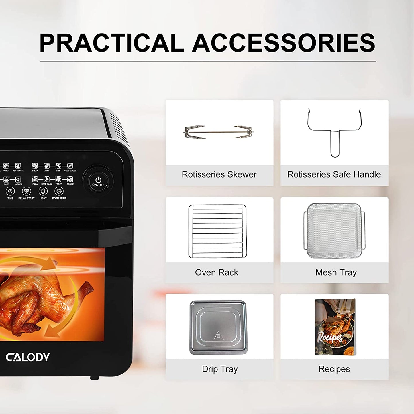 Calody 12.7 QT Air Fryer, 16-in-1 Air Fryer Toaster Oven Combo with Rotisserie and Dehydrator, Visible Window,LED Touch Screen, Free Recipes and Accessories Included