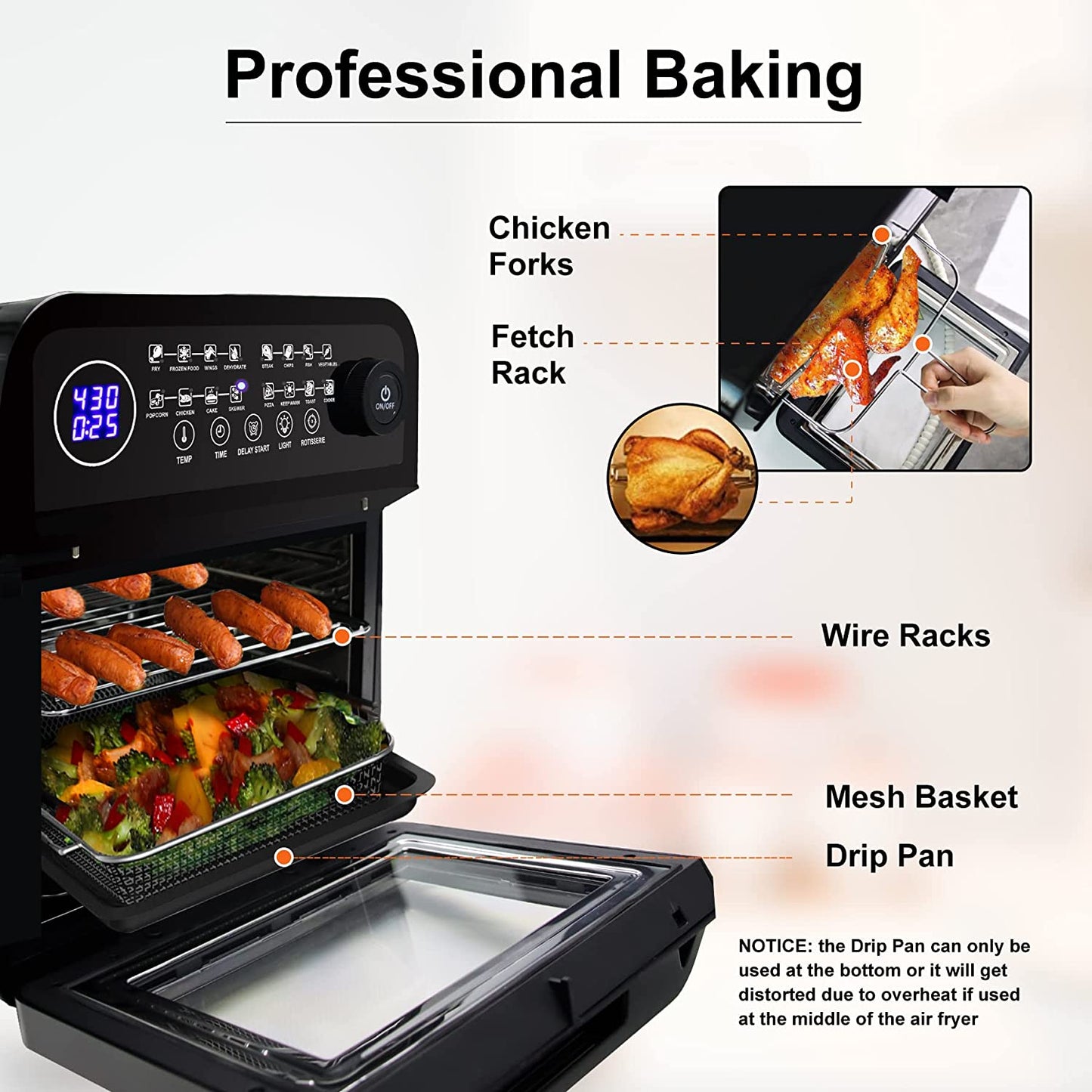 Calody 12.7 QT Air Fryer, 16-in-1 Air Fryer Toaster Oven Combo with Rotisserie and Dehydrator, Visible Window,LED Touch Screen, Free Recipes and Accessories Included